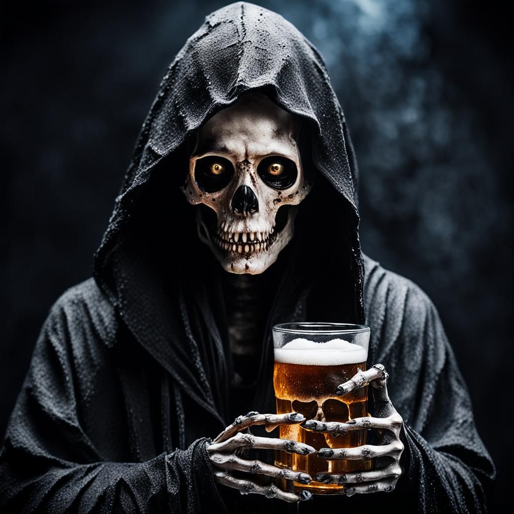 Ethereal Skeletal Figure with Beer in Gothic Fantasy Style