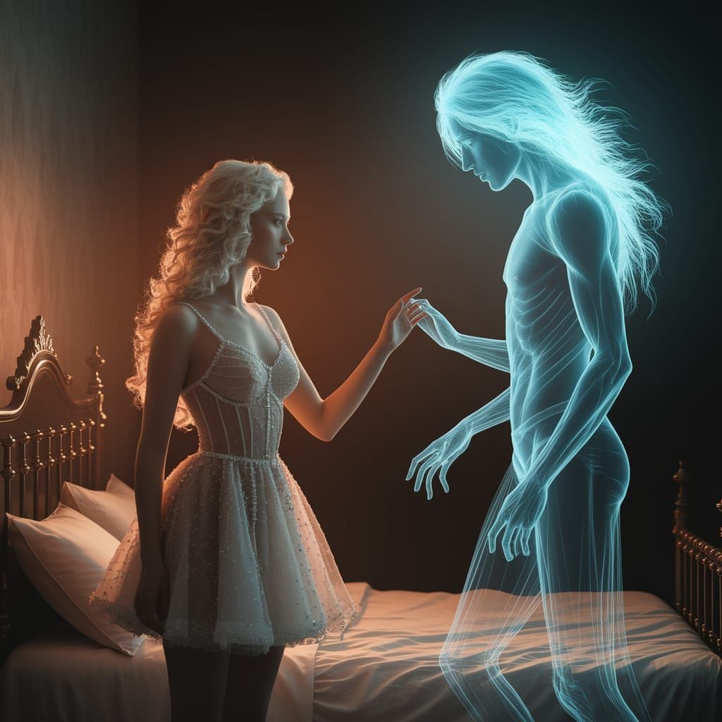 Ethereal Encounter: Woman Reaching for a Ghost in the Darkne...