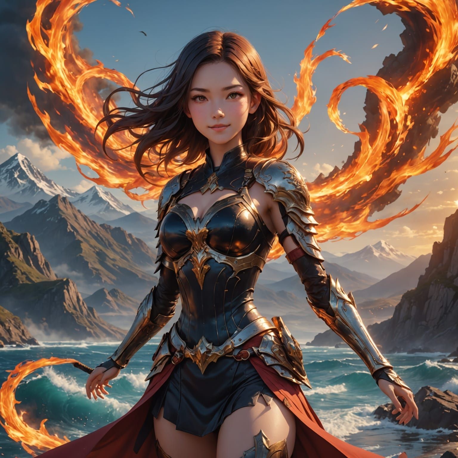 Surreal Anime Goddess Ascending Through Flames