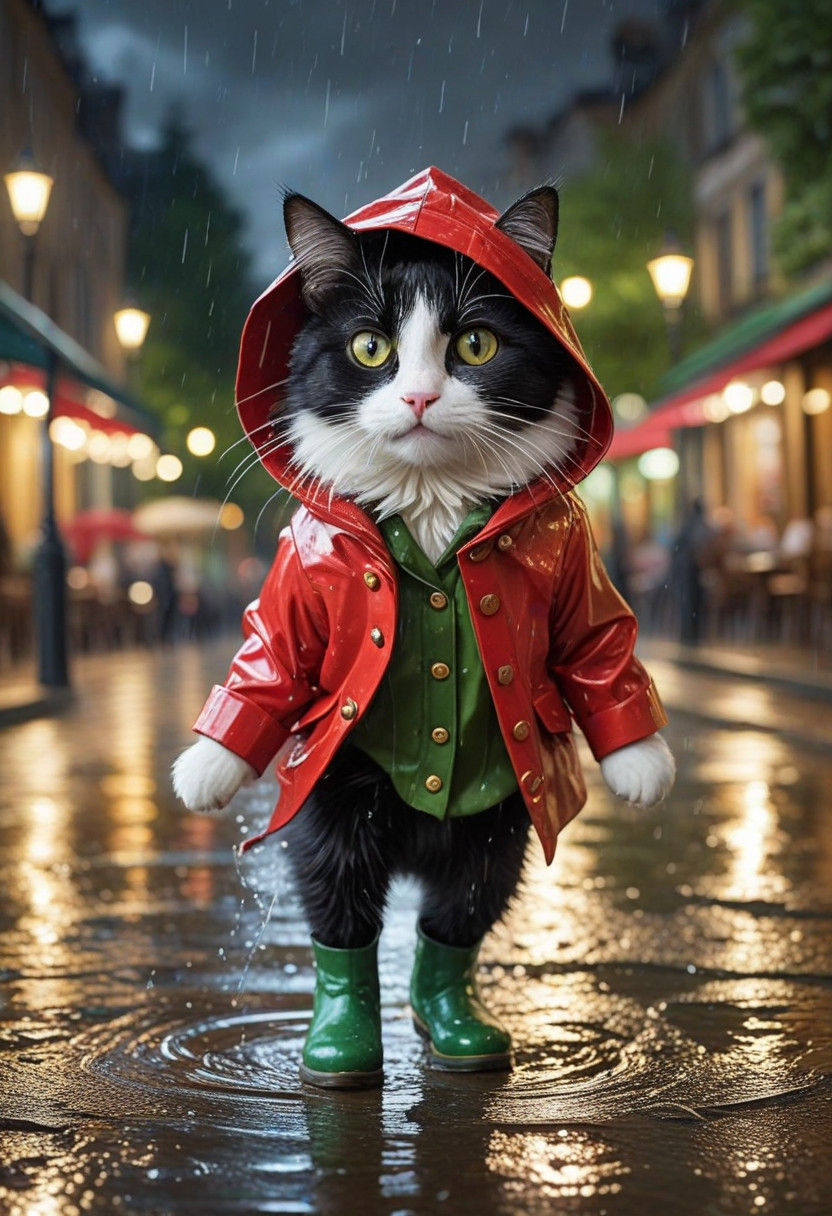 Feline Rainy Day Joy in Vibrant Colors and Expressive Brushs...