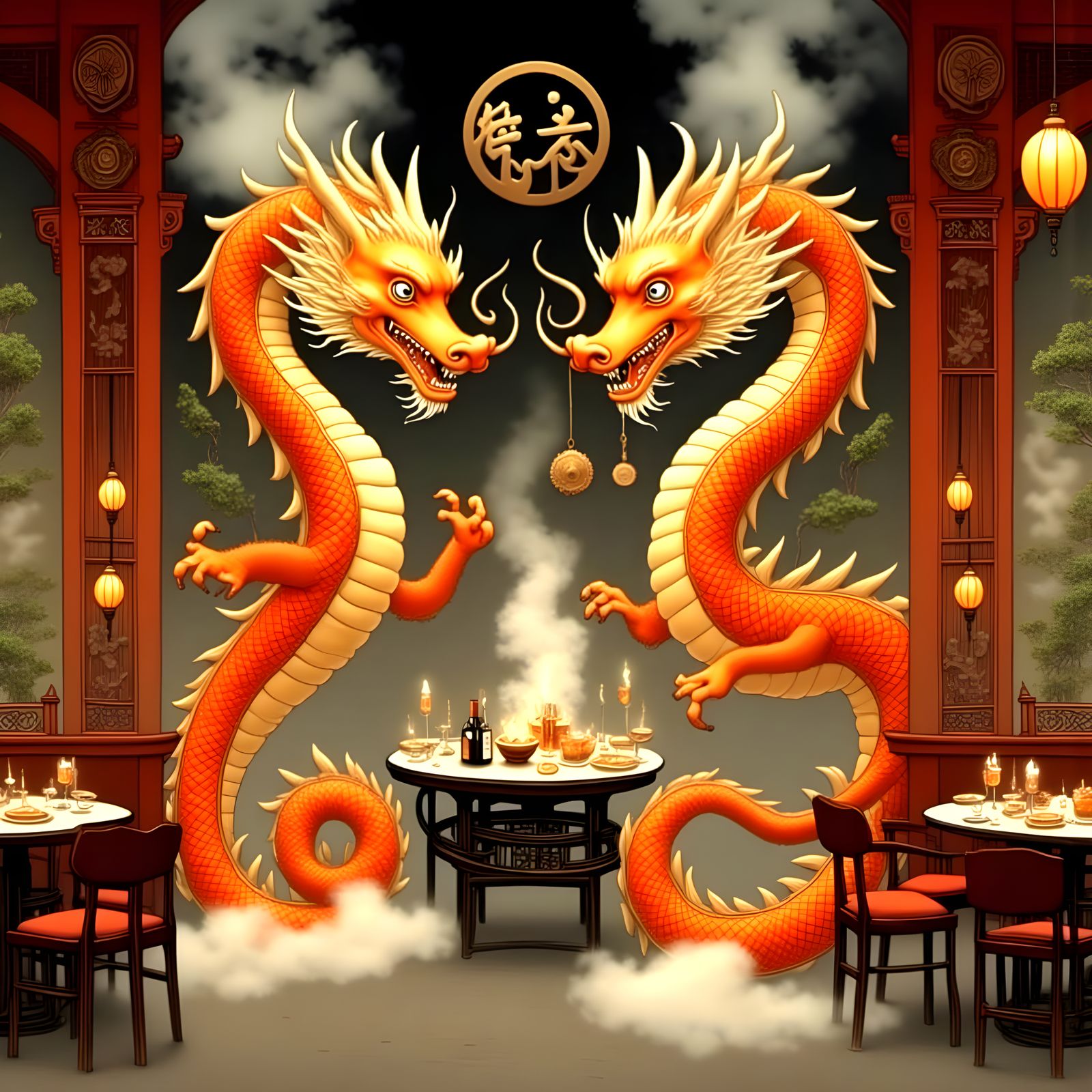 Chinese Dragons Feast in Elegant Asian Restaurant