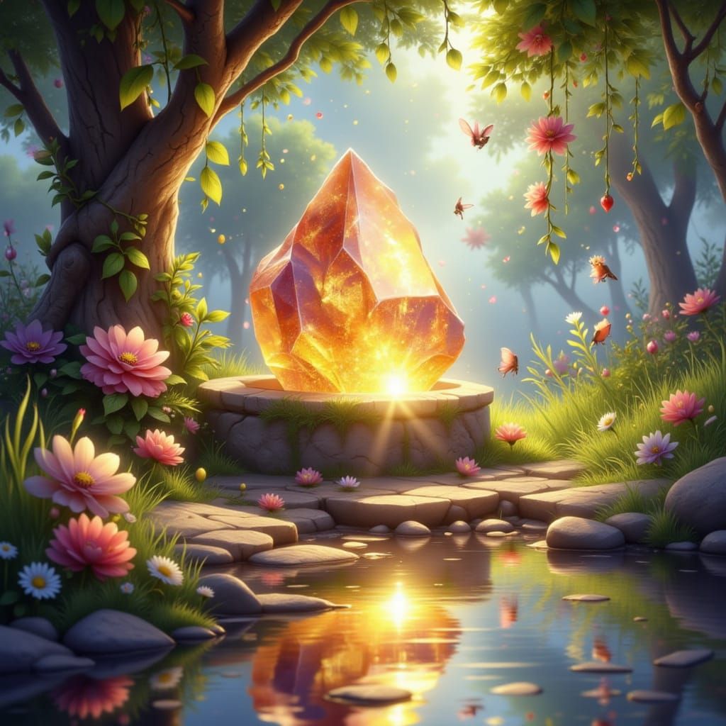 Magical Sunstone Crystal by Wishing Well in Anime Style