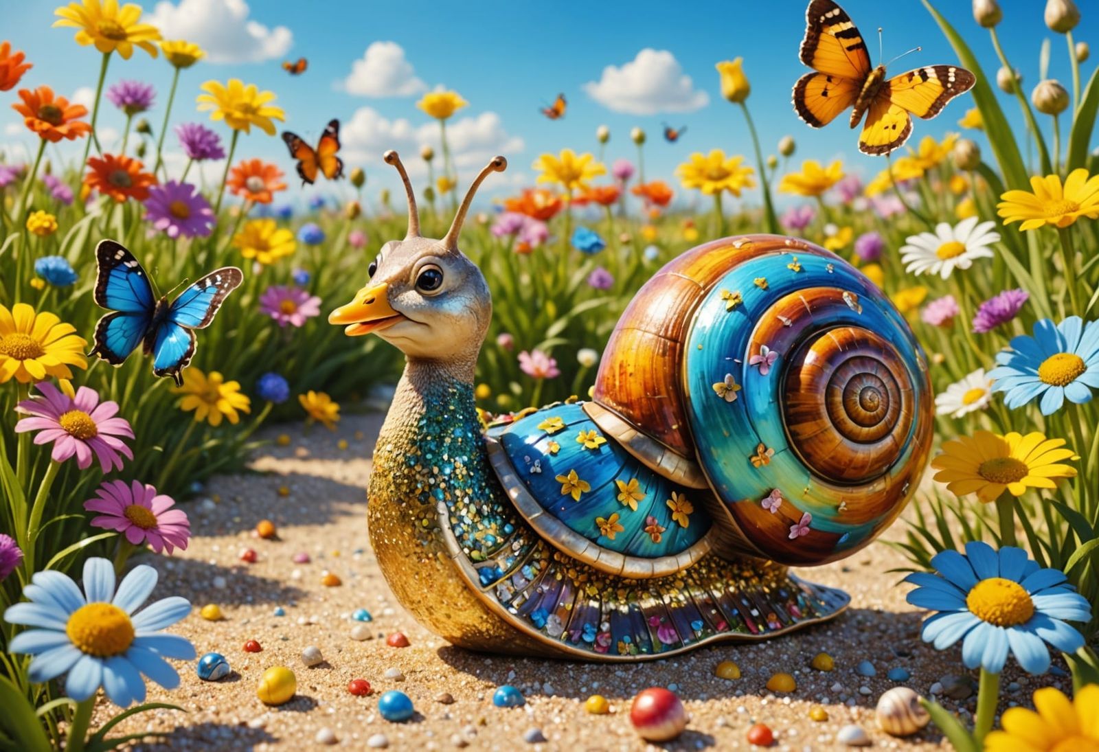 Cute Snail in Flower Meadow with Duck and Butterflies