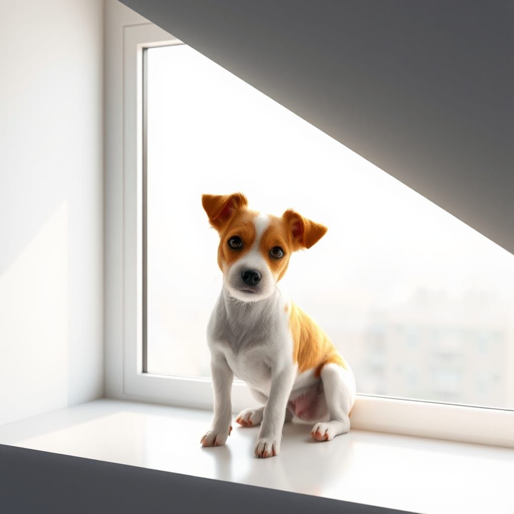 A 3D rendering of a Jack Russell Terrier sitting on a window...