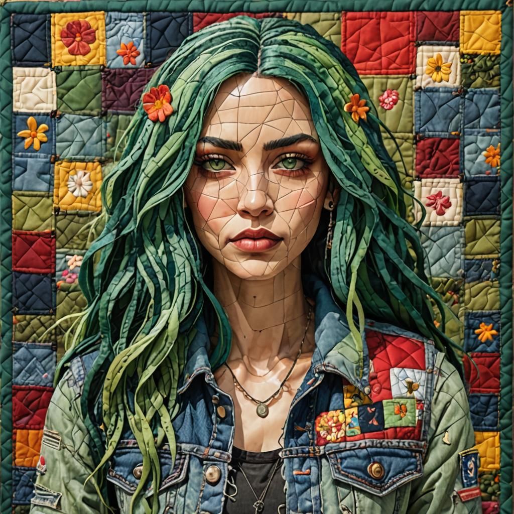 Textile Patchwork Girl Portrait on Quilted Background