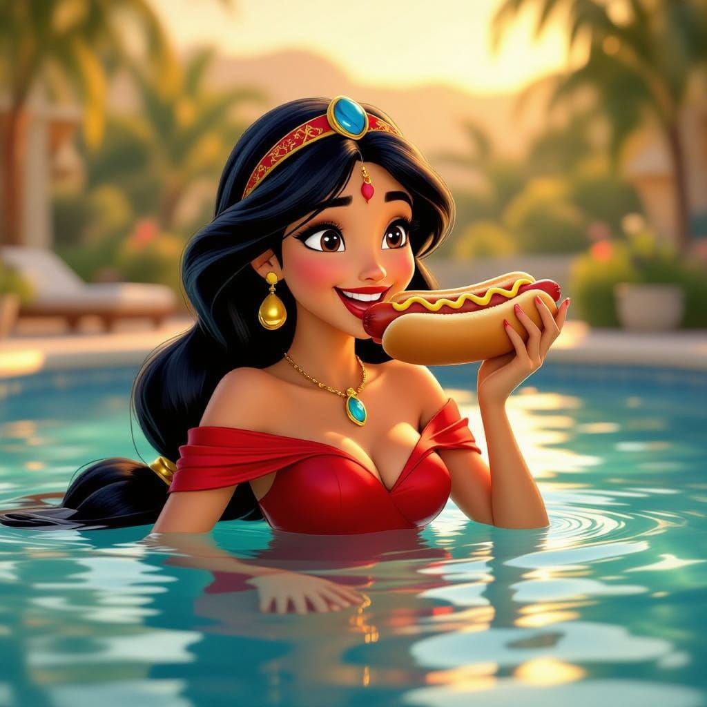 Disney's Jasmine Enjoys Hotdog by Pool in Golden Hour
