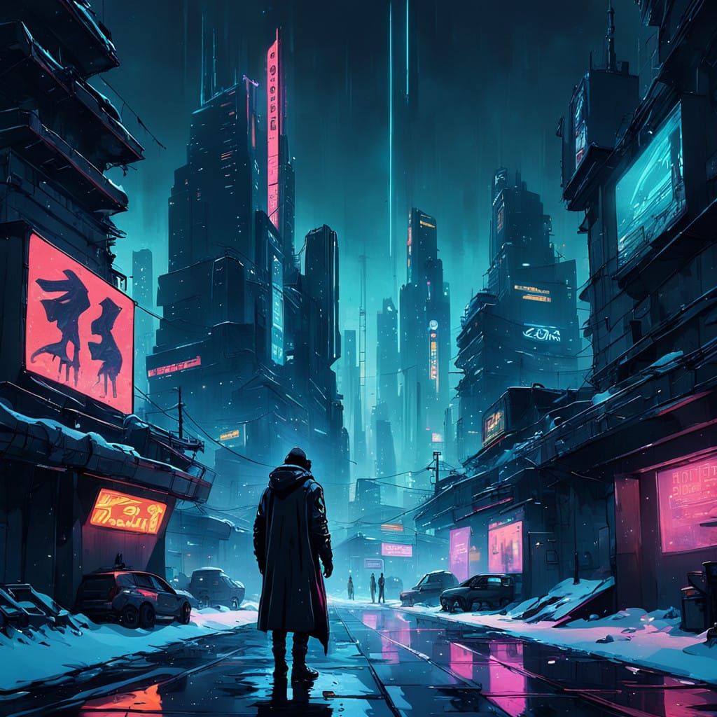 Cyberpunk Winter Scene at Sunset