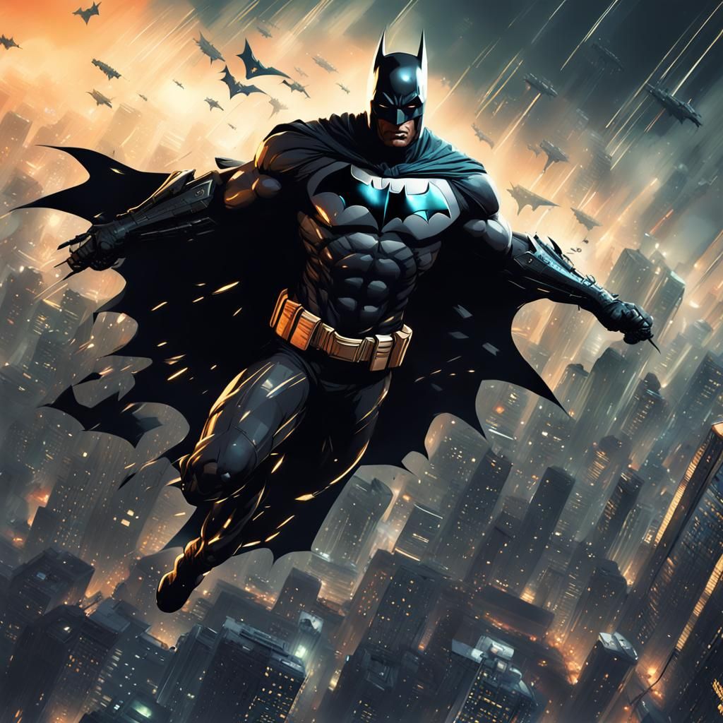 Futuristic Black Batman Parachuting into Gotham