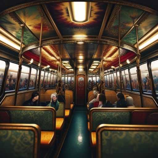 Train decorated with paintings of carousel horses, fairies, ...