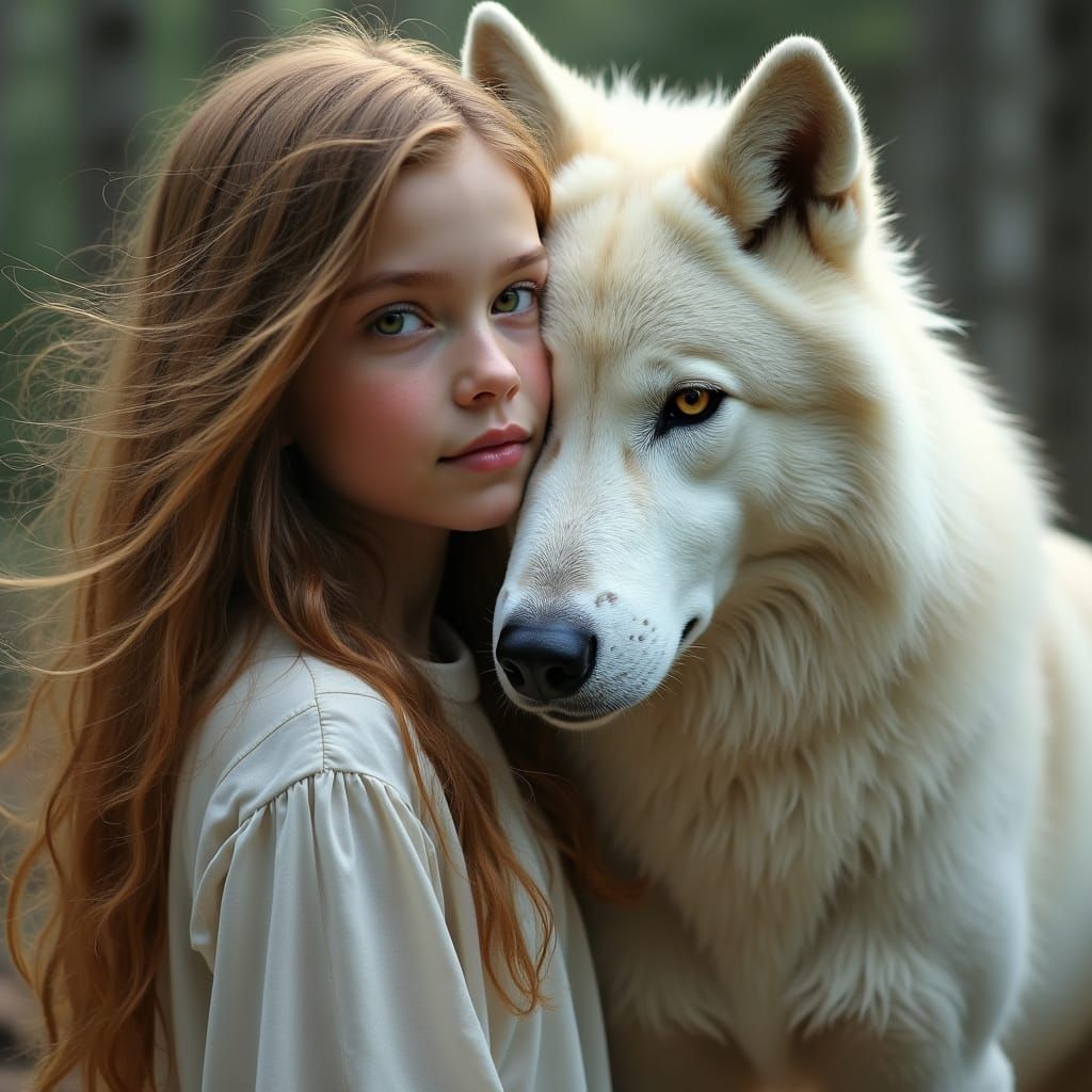 Girl and Majestic White Wolf in Golden Light