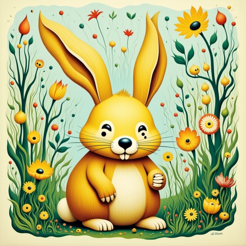 Laughing Bunny in Woodcut Style