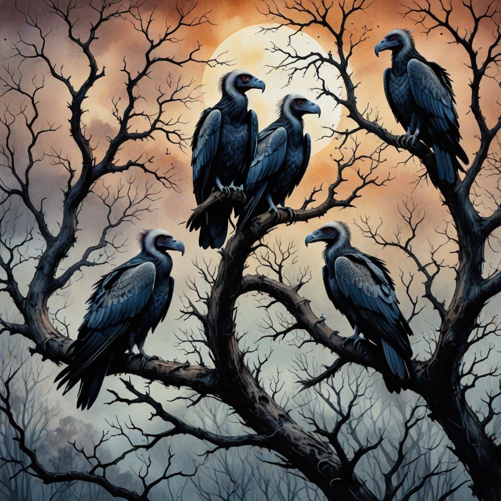 Vultures on a Haunting, Twisted Tree