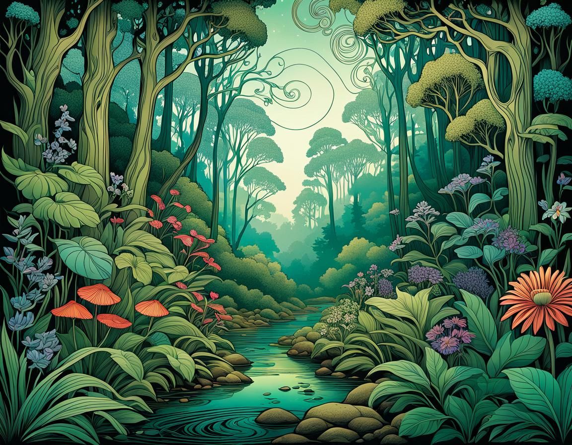 Art Nouveau Forest Poster with Floral Details