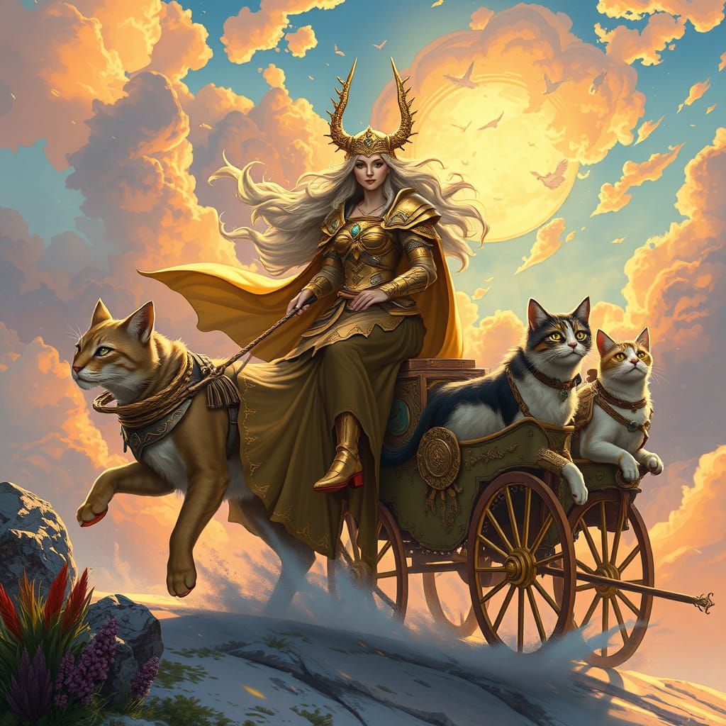 Goddess Freya Rides with Cats in Ethereal Sky