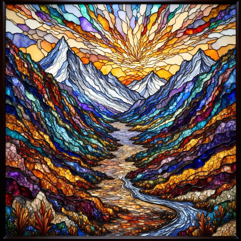 Vibrant Stained Glass Mountain Landscape