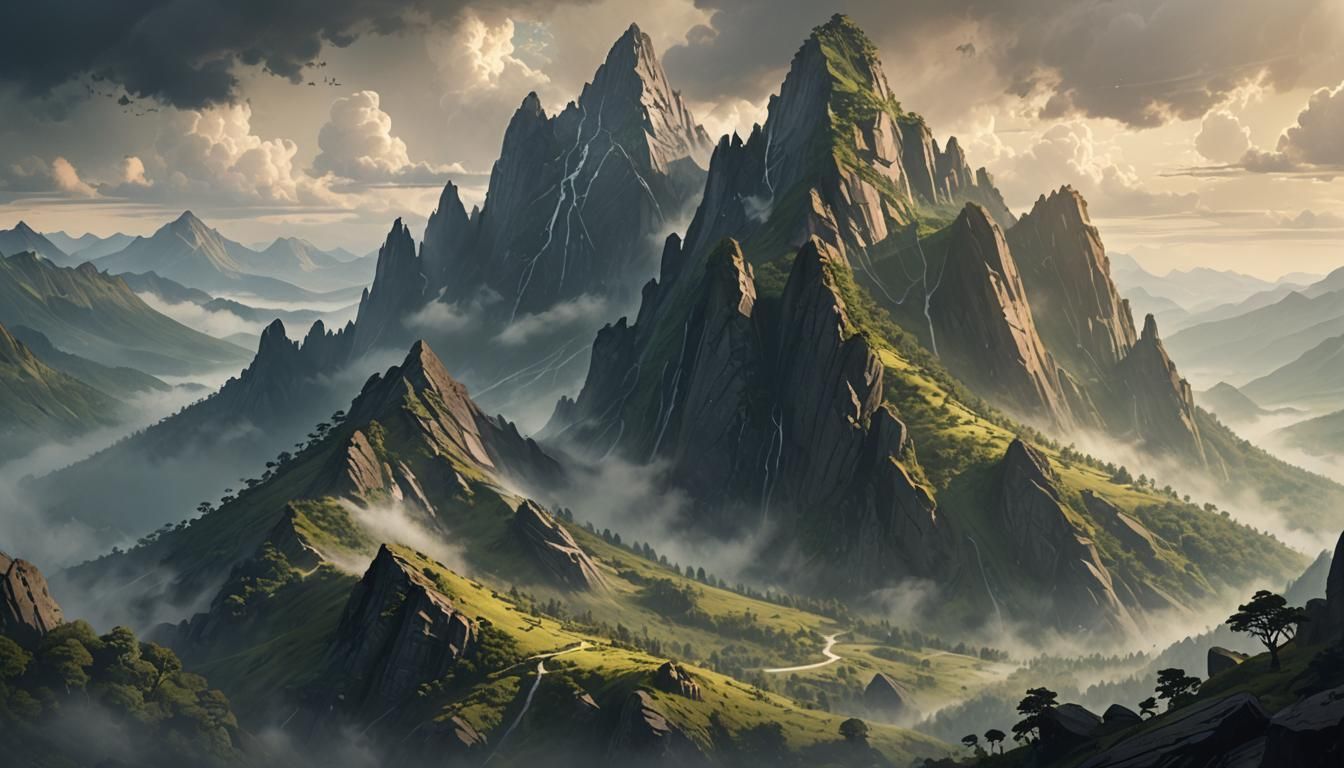 Misty Mountain Landscape Concept Art in Sunlight