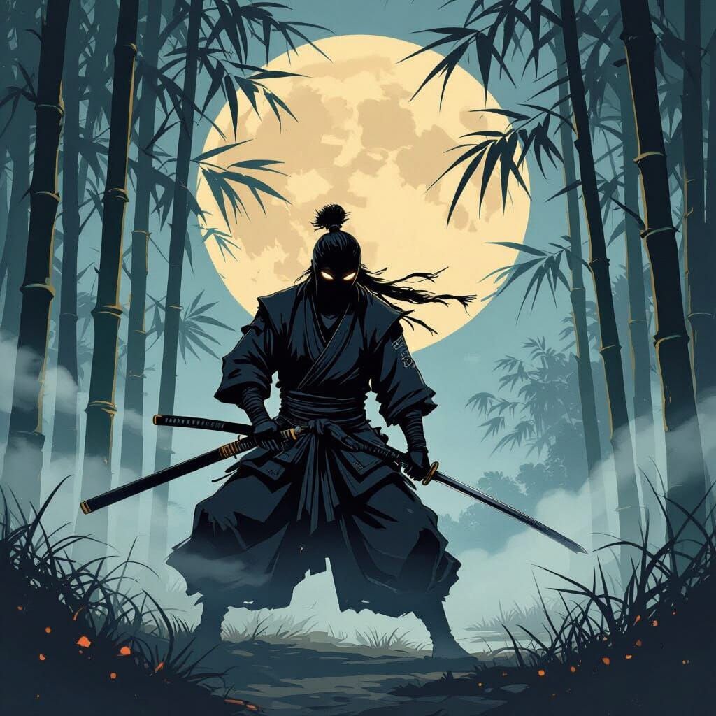 Ninja Warrior in Moonlit Bamboo Forest Ukiyo-e Print