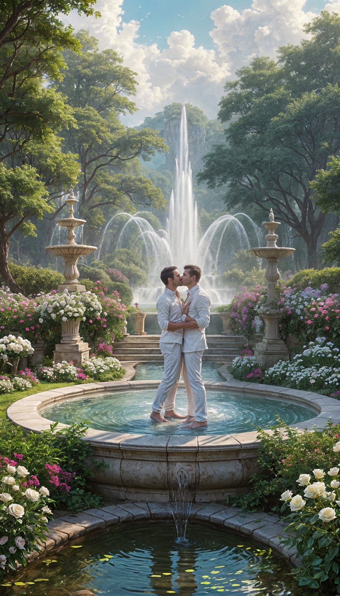 Two Handsome Men Share a Romantic Moment in a Dreamy White R...