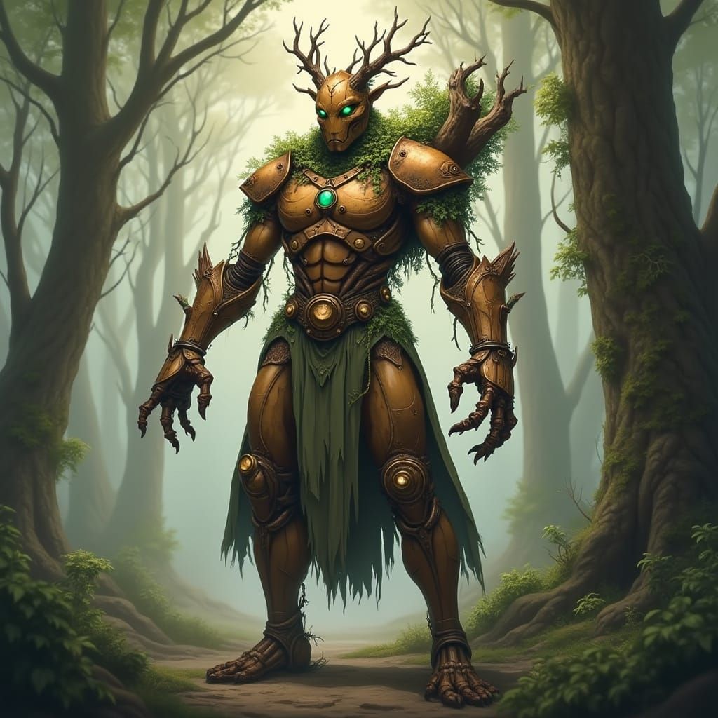 Wooden Warforged Druid with Tree Arm in Industrial Gothic St...