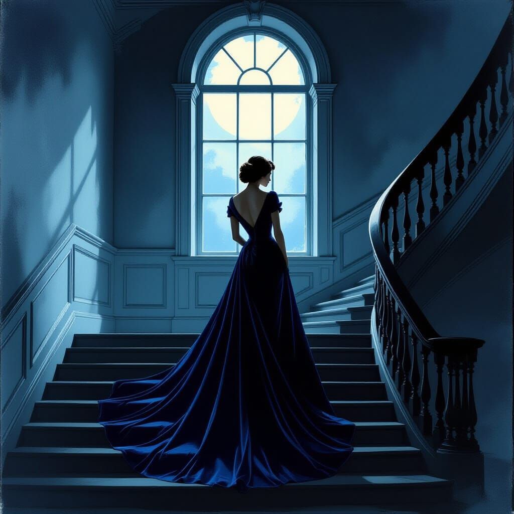 Elegant Woman on Manor Staircase in Moonlight
