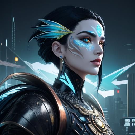 Dragon Woman in Bauhaus Cityscape: Digital Pop Art