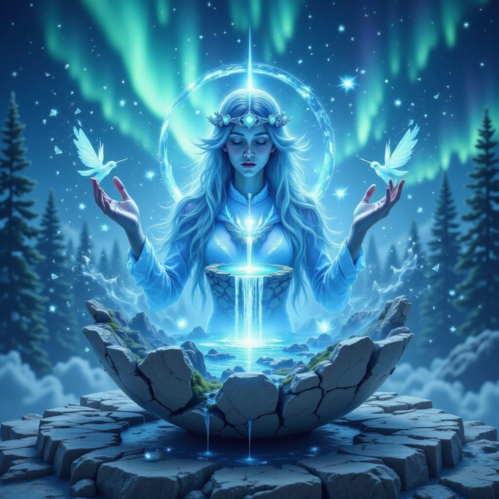 Mystic Priestess in Stone Circle with Auroras