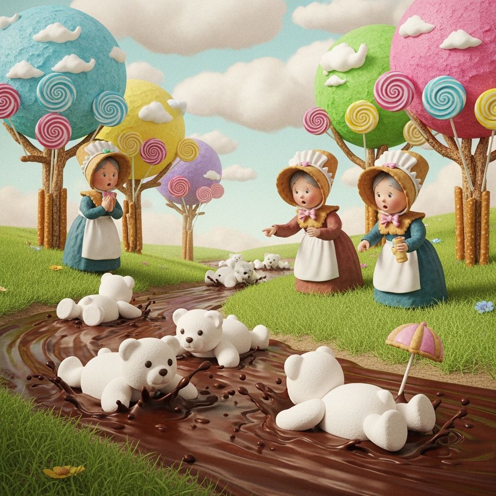 Teddy Bears Frolic in Chocolate Stream Illustration