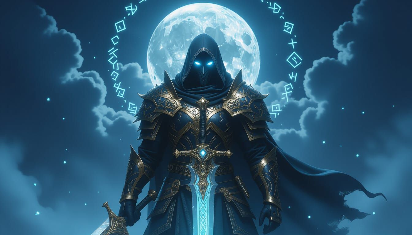 Mythic Knight Guardian With Runic Sword Under Full Moon
