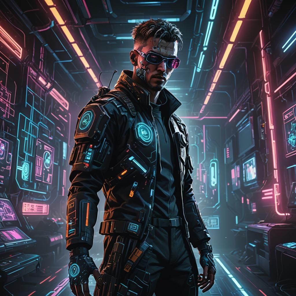 Futuristic Hacker in Cyberpunk Control Room