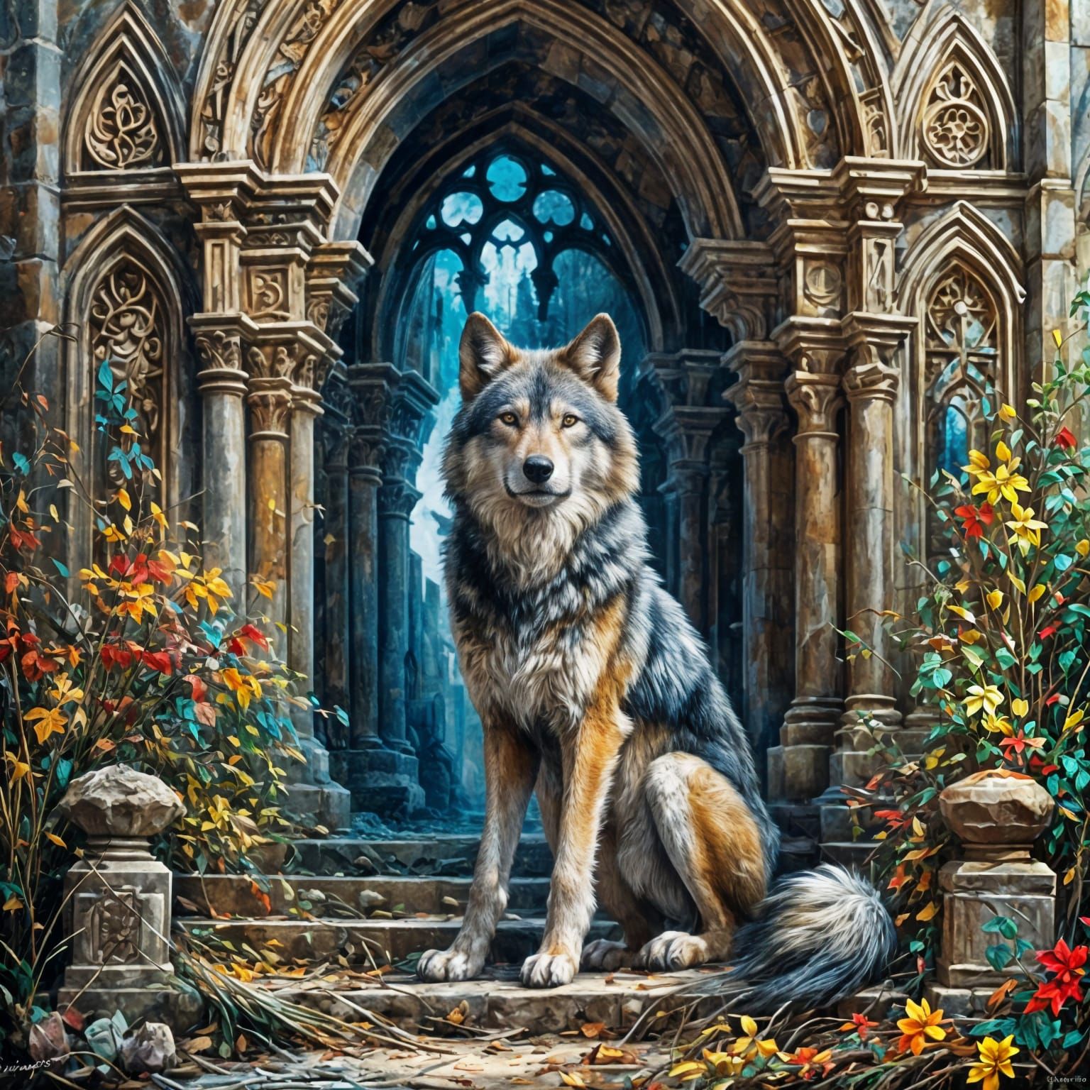 Wolf Guardian at Abandoned Cathedral Entrance