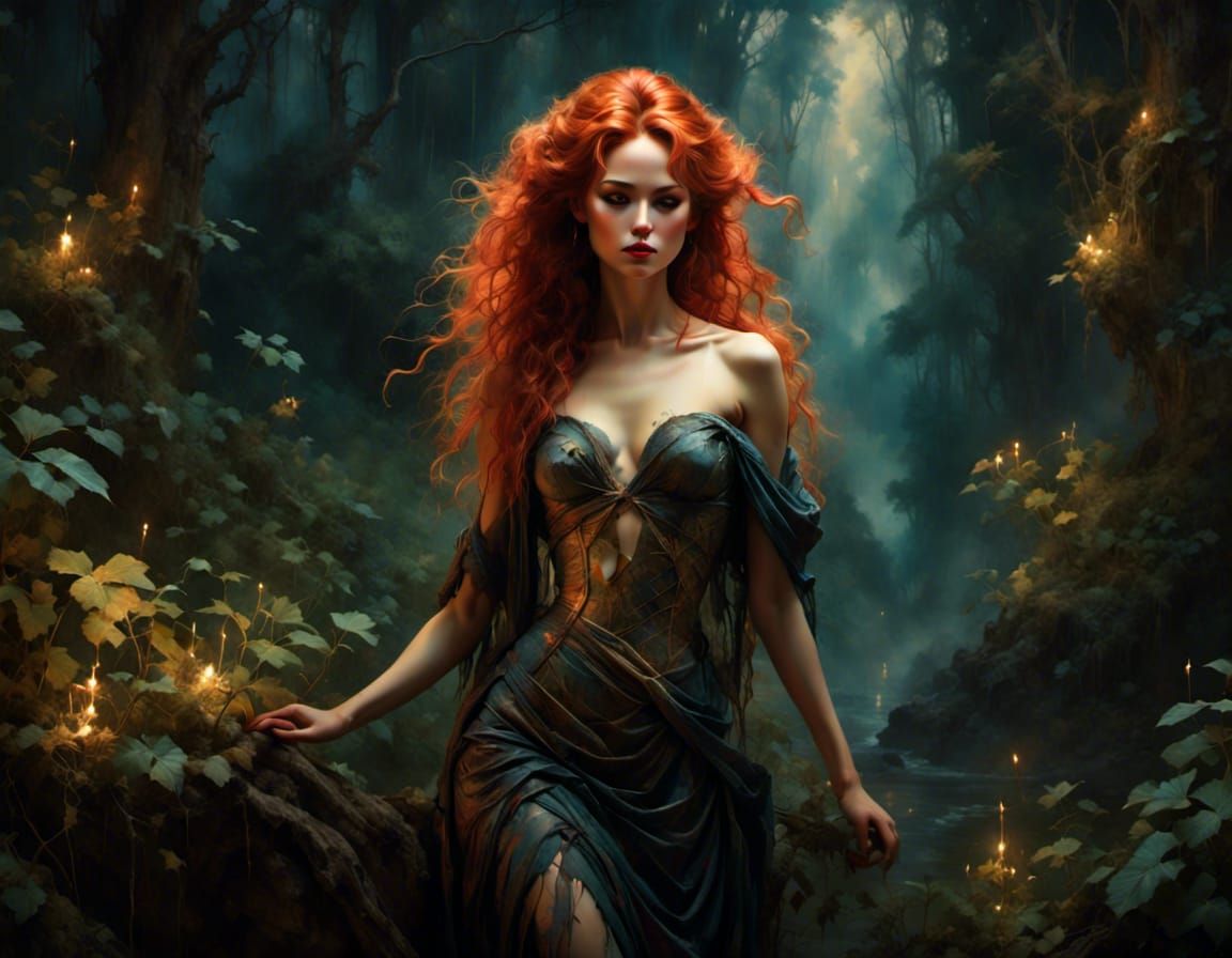 Red-Haired Nymph in Nightmarish Forest, Detailed Digital Pai...