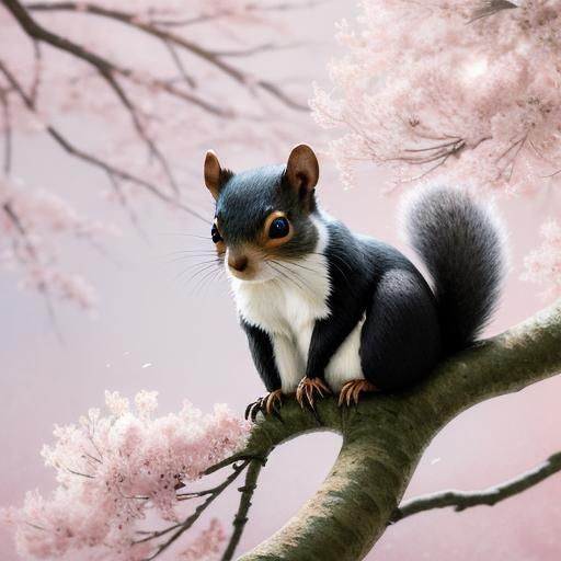 Squirrel in Winter Sakura Tree, Impressionist Oil Painting