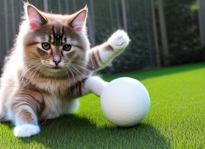 Cute Fluffy Cat Plays with Ball