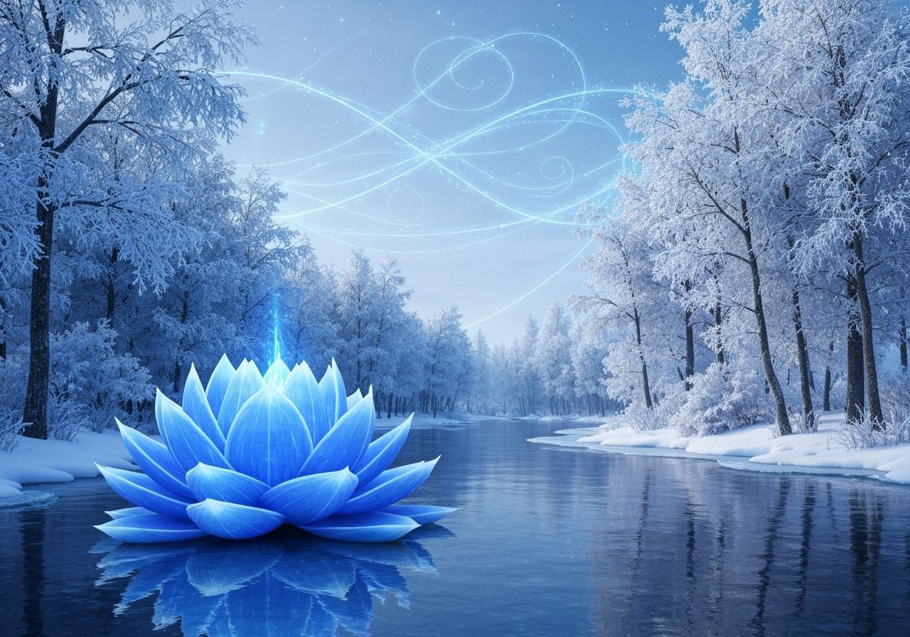 Glowing Lotus in Icy Winter River Landscape