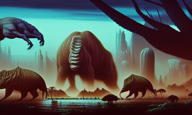 Retrofuturistic Wildebeest Stampede on African Savanna