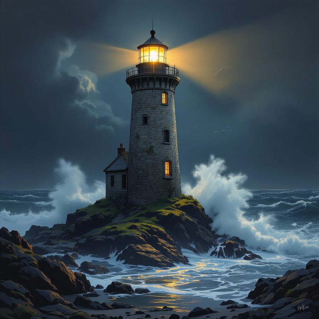 Majestic Lighthouse in Dark Ocean, Golden Light Beam