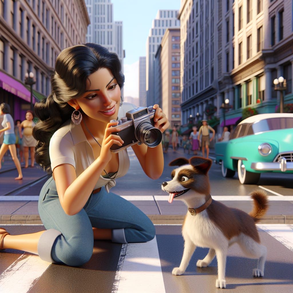 Disney Pixar style 3D beautiful woman photographer, taking pictures of a dog, on a city sidewalk, city background