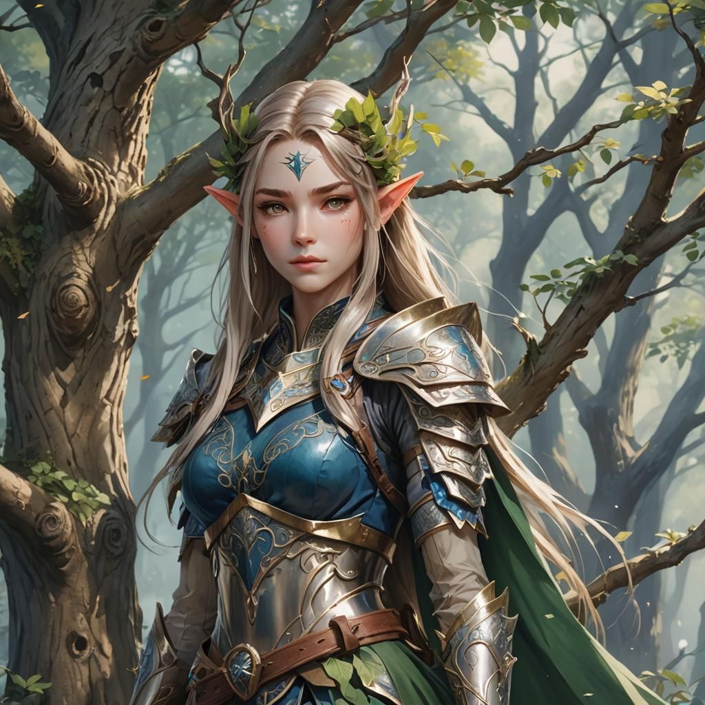 Elven Warrior Guards Sacred Tree in Watercolor