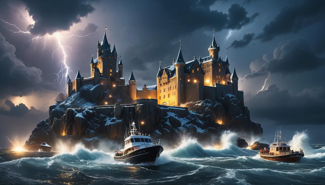 Castle with Searchlights Under a Dramatic Sky