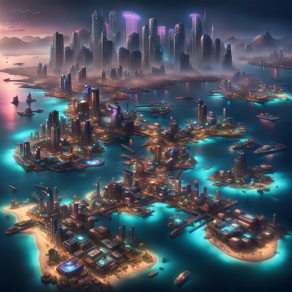 Cyberpunk Coastal State with Neon Islands