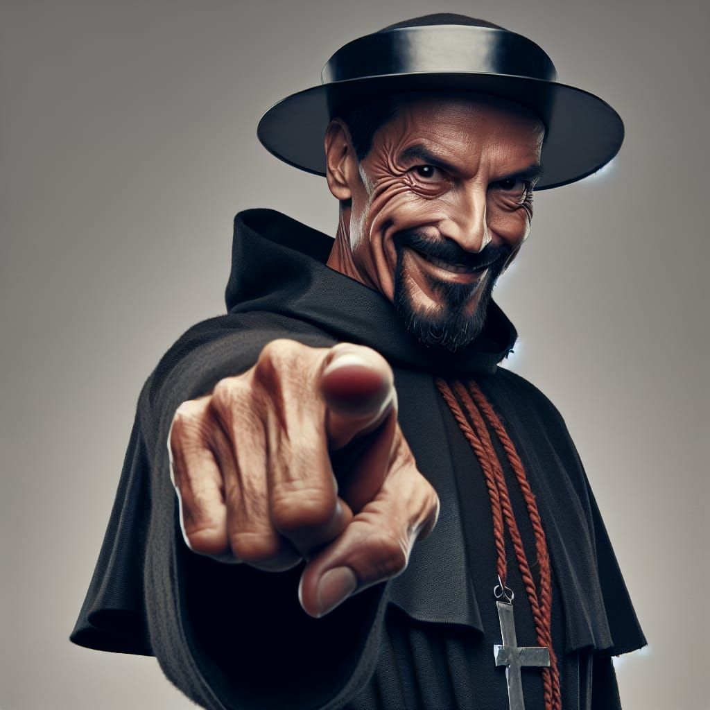 Medieval Inquisitor Points with Sadistic Smile