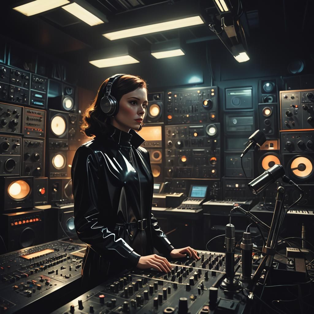 Woman in Recording Studio, Futuristic Dark Realism
