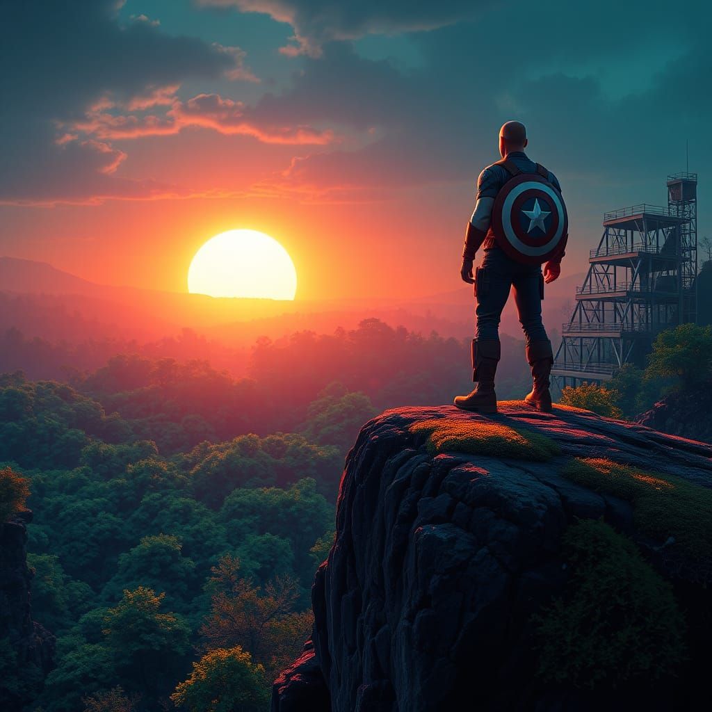 Synthwave Captain America Overlooking Emerald Forest Sunset
