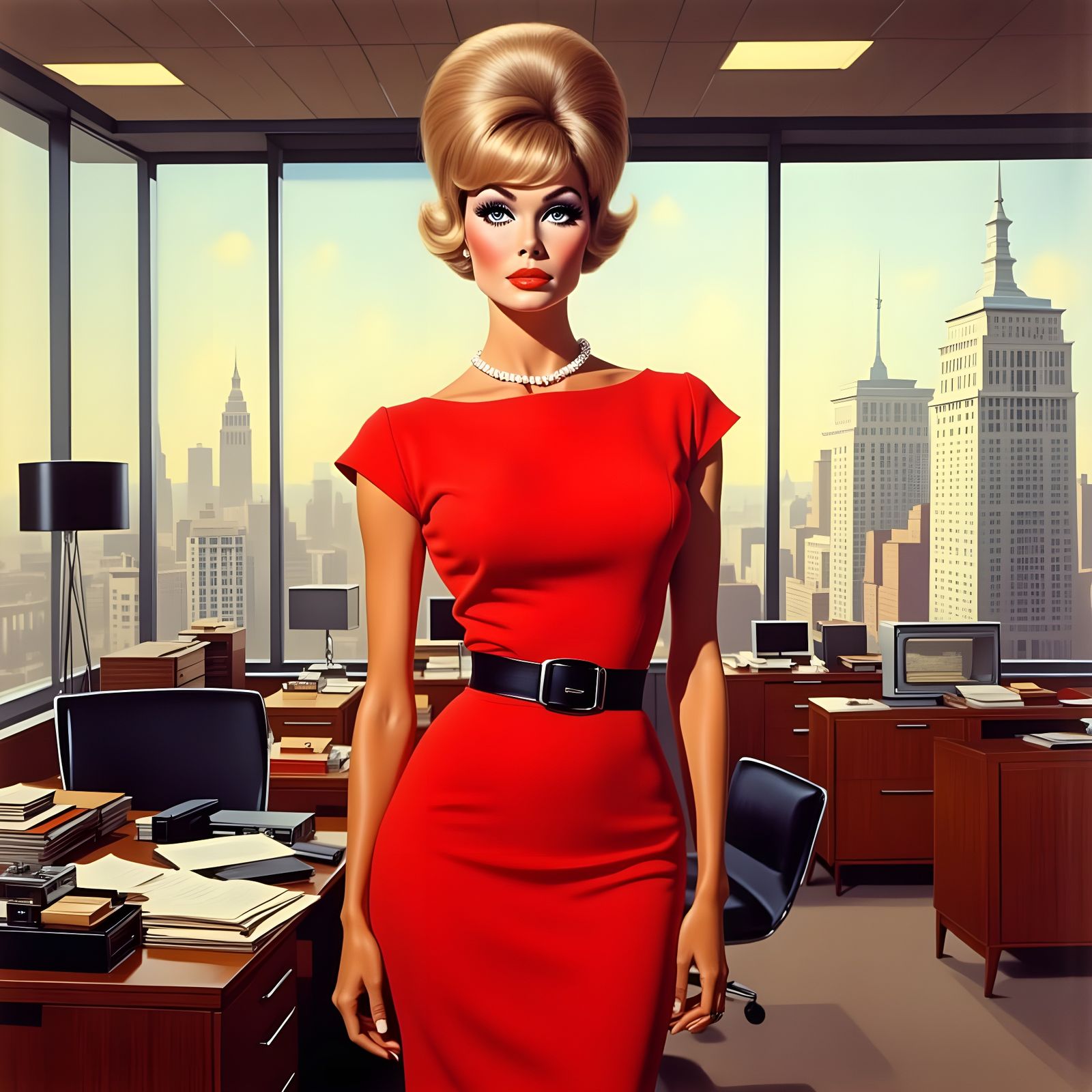 1960s Office Secretary in Red Dress