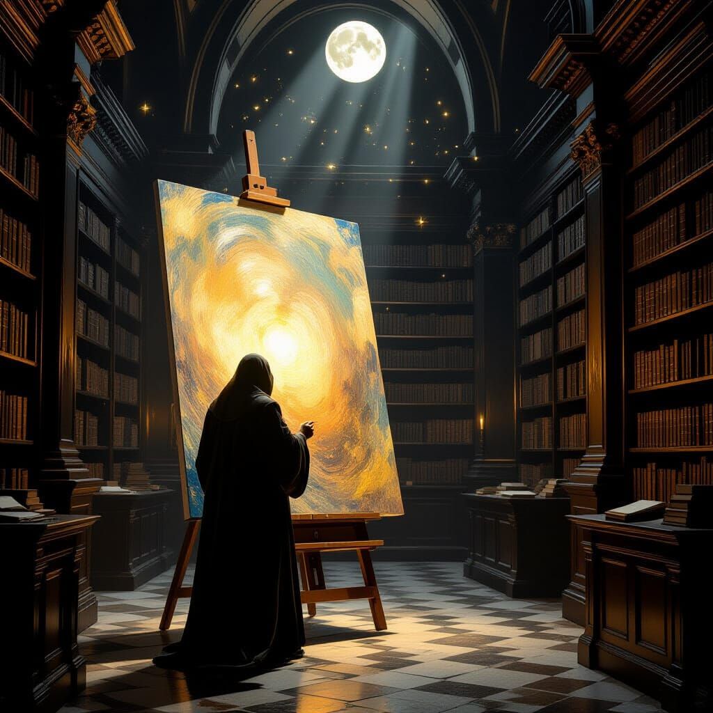 Painter Before Glowing Canvas in Ancient Library
