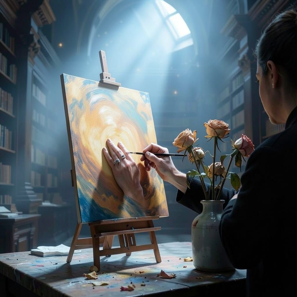 Painter Before Glowing Canvas in Ancient Library