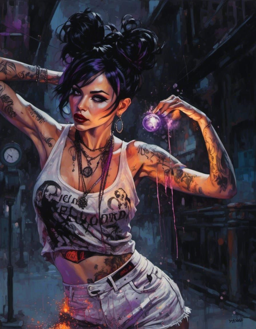 Emo Goth Woman Holding Fireball in Grunge Style