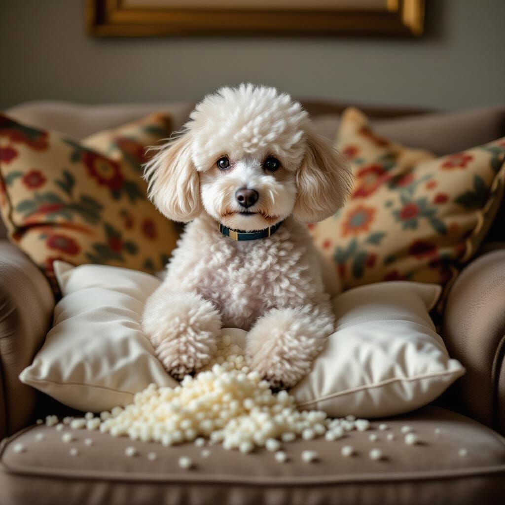 Mischievous Poodle Caught Red-Pawed on Couch