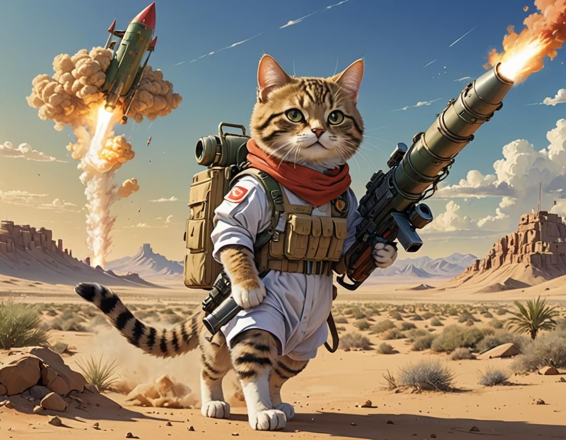 Cat in Arab Uniform with Rocket Launcher