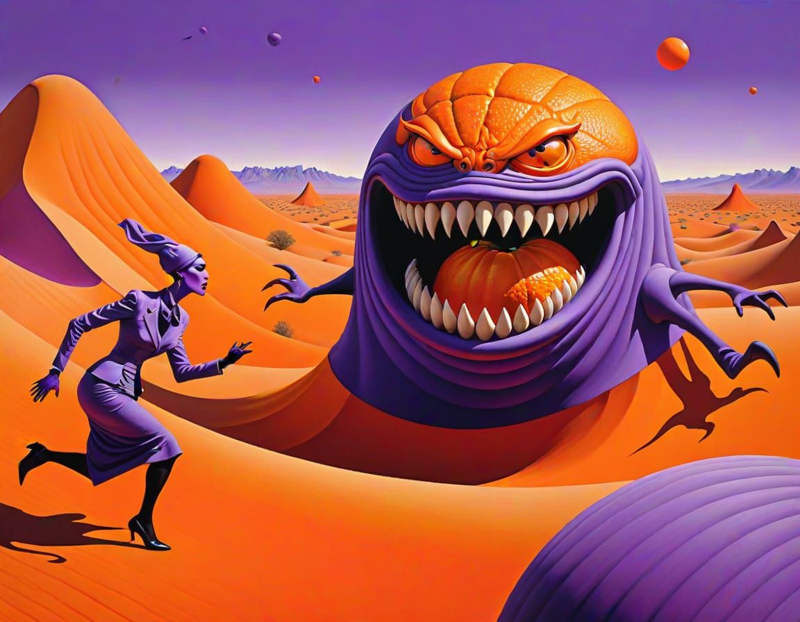 Purple People Eater Chase in Surreal Desert Landscape
